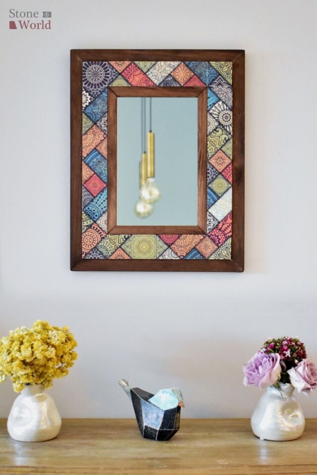 Patchwork Temalı, Masif Ahşap Ve Desenli Mermerden Dekoratif Ayna - 34x44cm - 023.1
