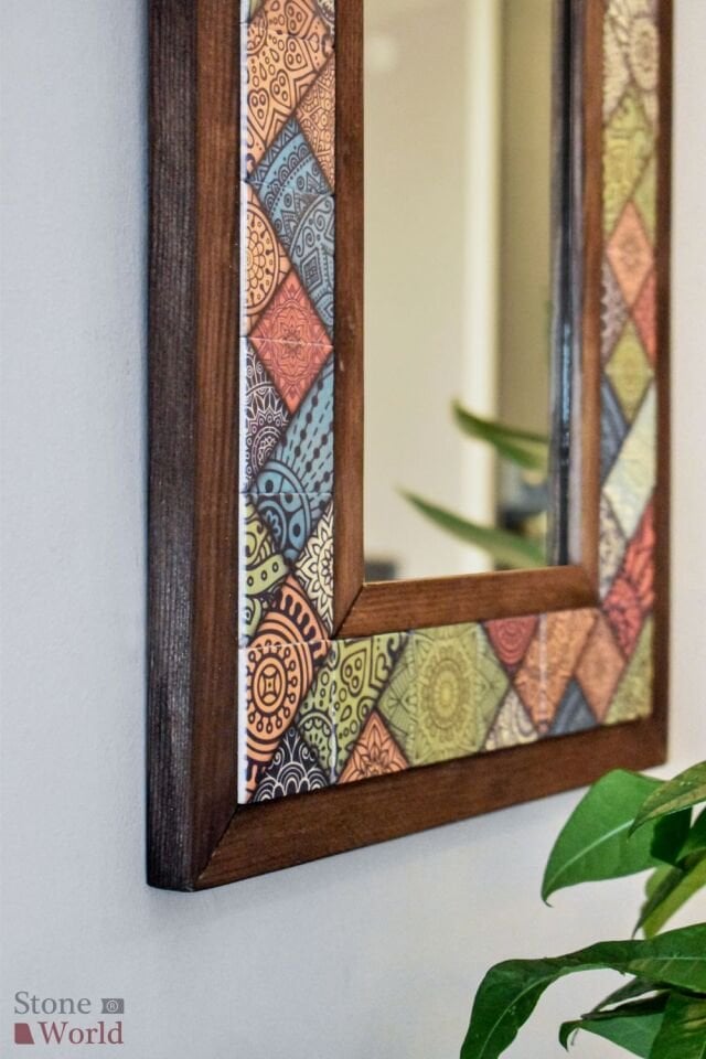 Patchwork Temalı, Masif Ahşap Ve Desenli Mermerden Dekoratif Ayna - 34x44cm - 023.1