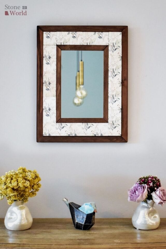 Çiçek Temalı, Masif Ahşap Ve Desenli Mermerden Dekoratif Ayna - 34x44cm - 024.1
