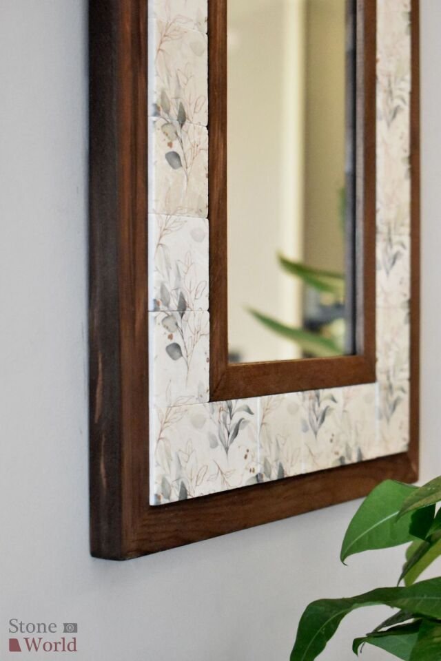 Çiçek Temalı, Masif Ahşap Ve Desenli Mermerden Dekoratif Ayna - 34x44cm - 024.1