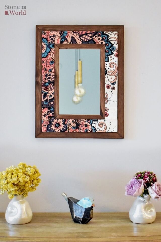 Mandala Temalı, Masif Ahşap Ve Desenli Mermerden Dekoratif Ayna - 34x44cm - 025.1