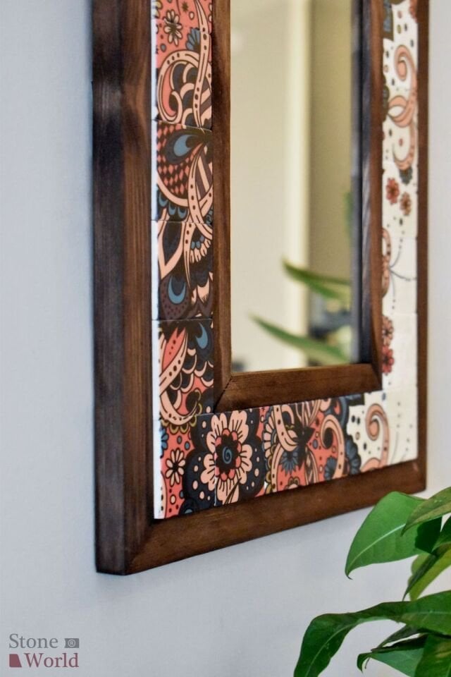Mandala Temalı, Masif Ahşap Ve Desenli Mermerden Dekoratif Ayna - 34x44cm - 025.1