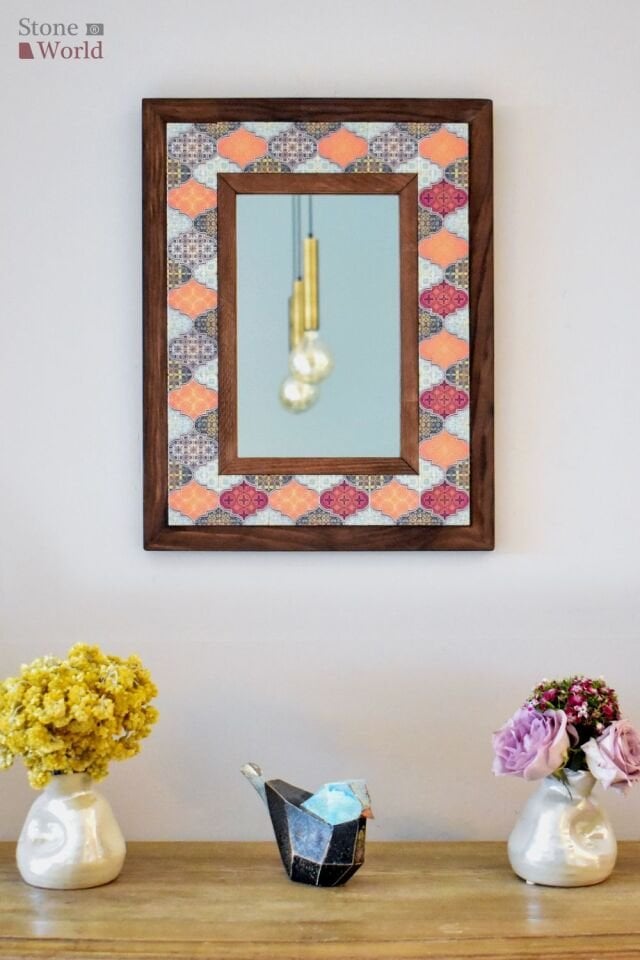 Mandala Temalı, Masif Ahşap Ve Desenli Mermerden Dekoratif Ayna - 34x44cm - 026.1