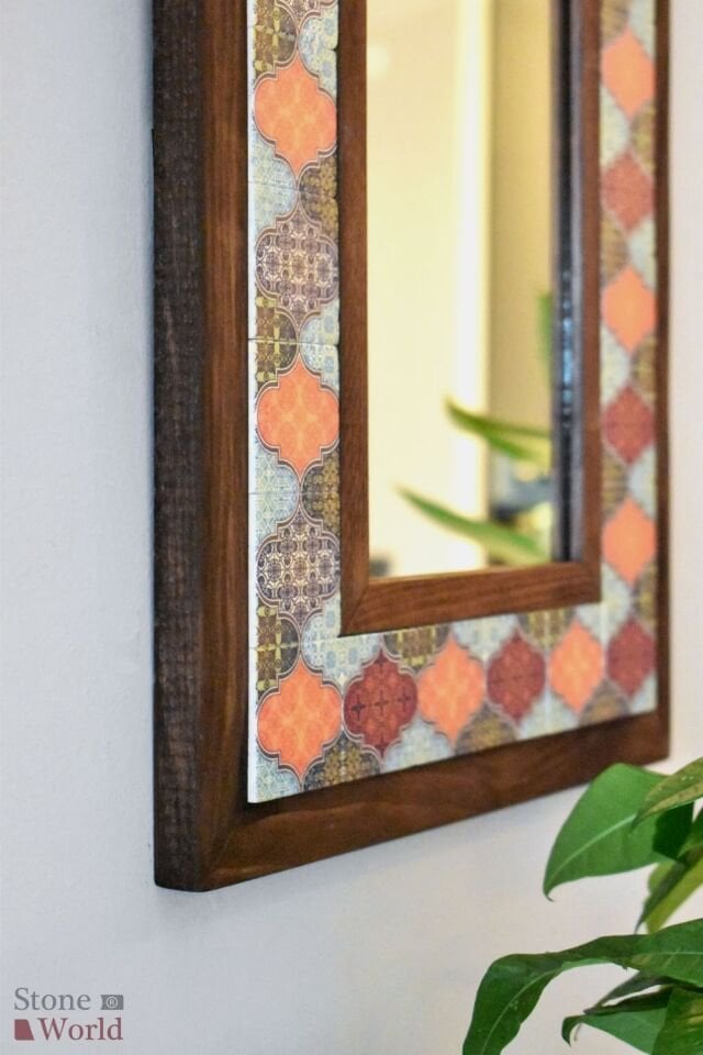 Mandala Temalı, Masif Ahşap Ve Desenli Mermerden Dekoratif Ayna - 34x44cm - 026.1