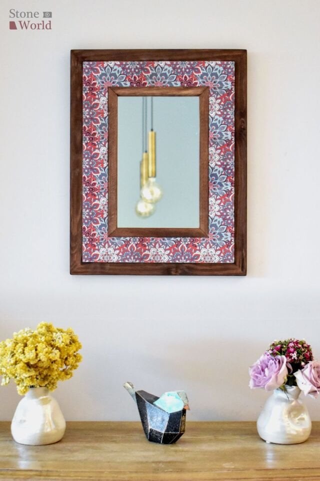 Mandala Temalı, Masif Ahşap Ve Desenli Mermerden Dekoratif Ayna - 34x44cm - 027.1