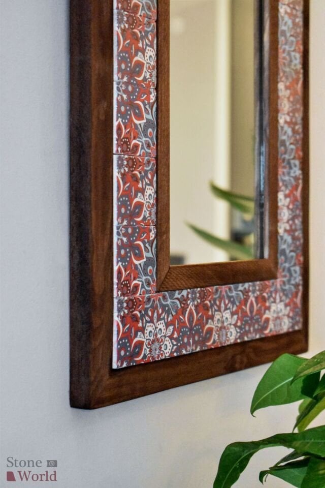 Mandala Temalı, Masif Ahşap Ve Desenli Mermerden Dekoratif Ayna - 34x44cm - 027.1