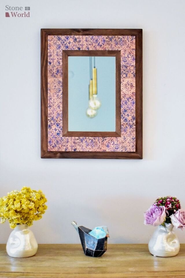 Vintage Temalı, Masif Ahşap Ve Desenli Mermerden Ayna -  34x44cm - 029.1