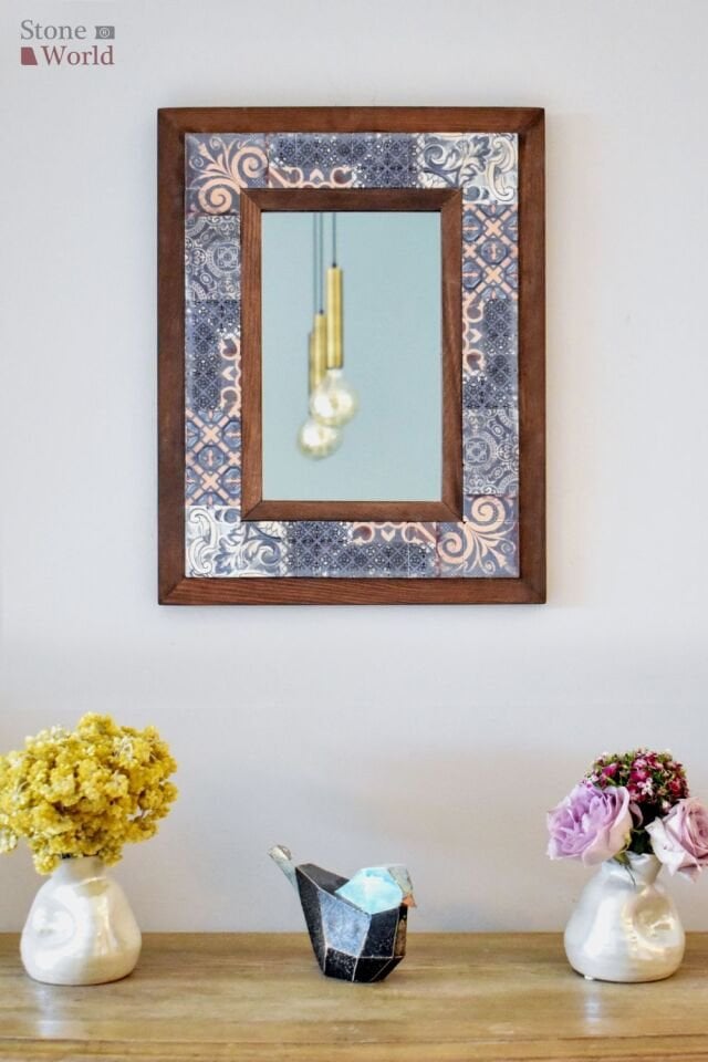 Mandala Temalı, Masif Ahşap Ve Desenli Mermerden Dekoratif Ayna - 34x44cm - 027.1