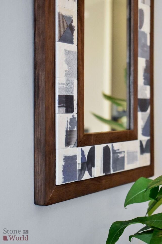 Abstract Temalı, Masif Ahşap Ve Desenli Mermerden Dekoratif Ayna - 34x44cm - 032.1