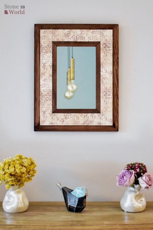 Vintage Temalı, Masif Ahşap Ve Desenli Mermerden Dekoratif Ayna - 34x44cm - 034.1