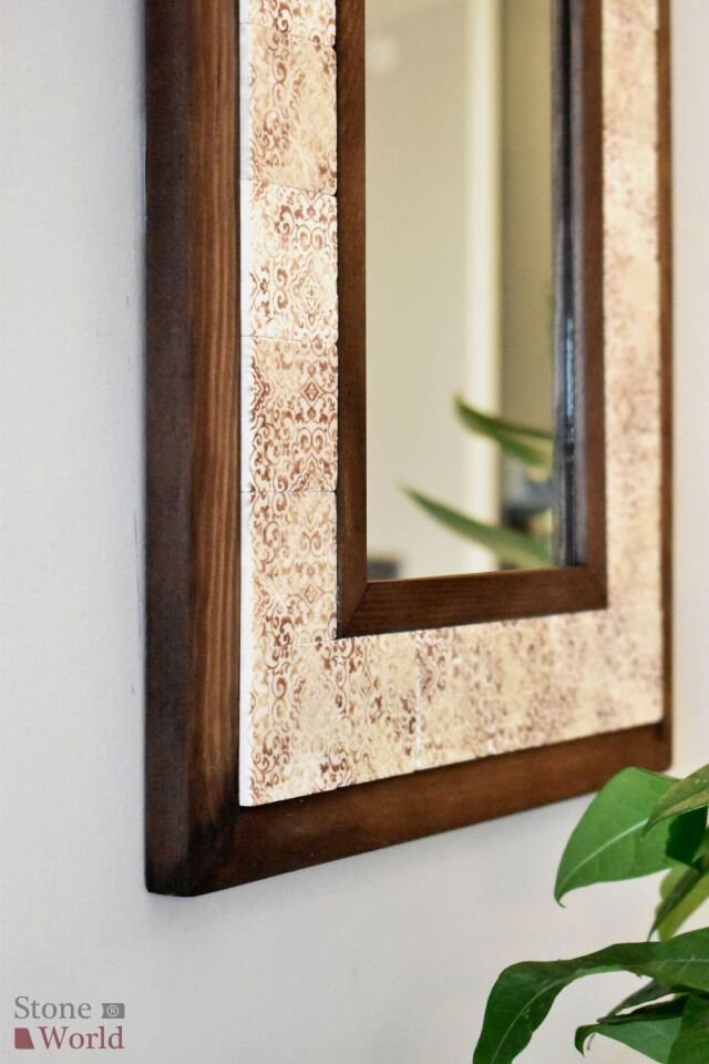 Vintage Temalı, Masif Ahşap Ve Desenli Mermerden Dekoratif Ayna - 34x44cm - 034.1