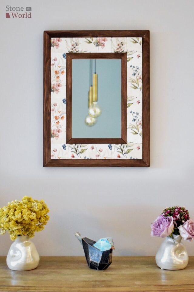Çiçek Temalı, Masif Ahşap Ve Desenli Mermerden Dekoratif Ayna - 34x44cm - 035.1