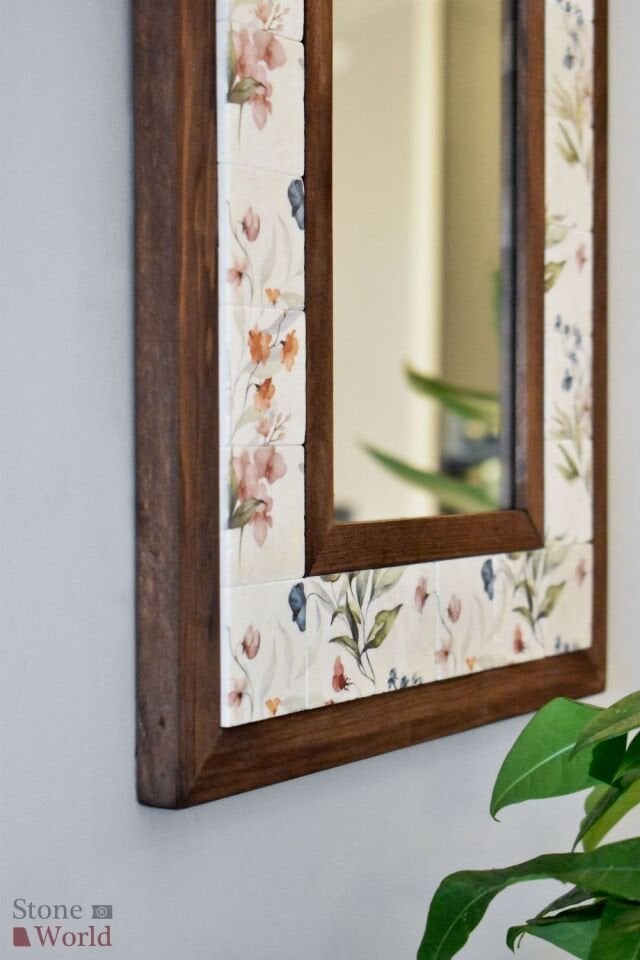 Çiçek Temalı, Masif Ahşap Ve Desenli Mermerden Dekoratif Ayna - 34x44cm - 035.1