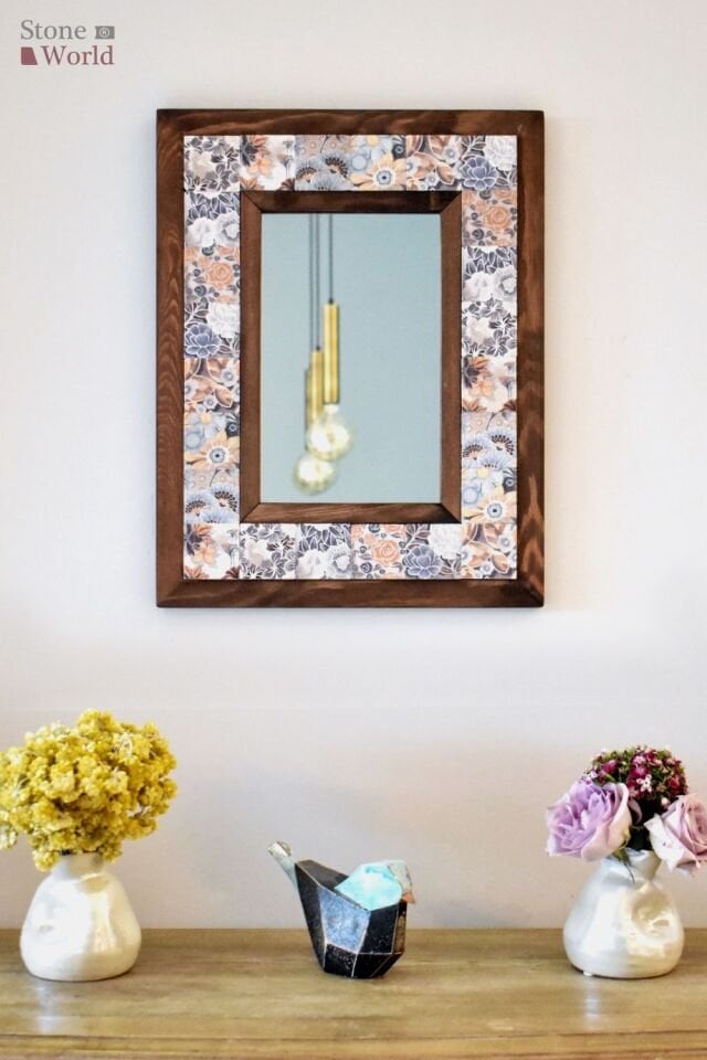 Çiçek Temalı, Masif Ahşap Ve Desenli Mermerden Dekoratif Ayna - 34x44cm - 037.1