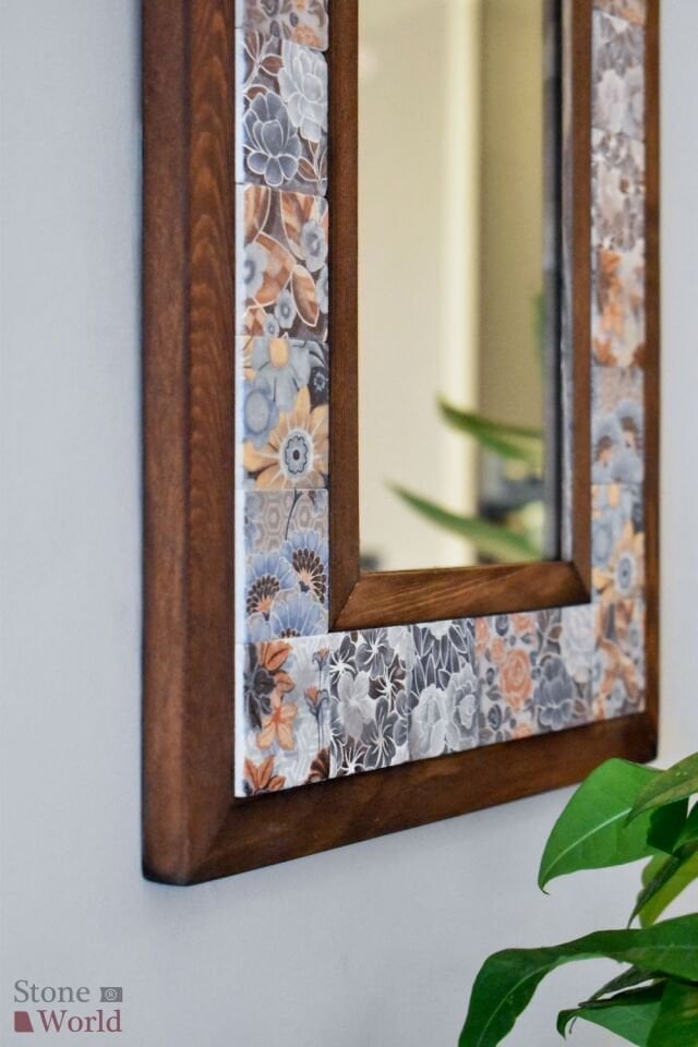 Çiçek Temalı, Masif Ahşap Ve Desenli Mermerden Dekoratif Ayna - 34x44cm - 037.1