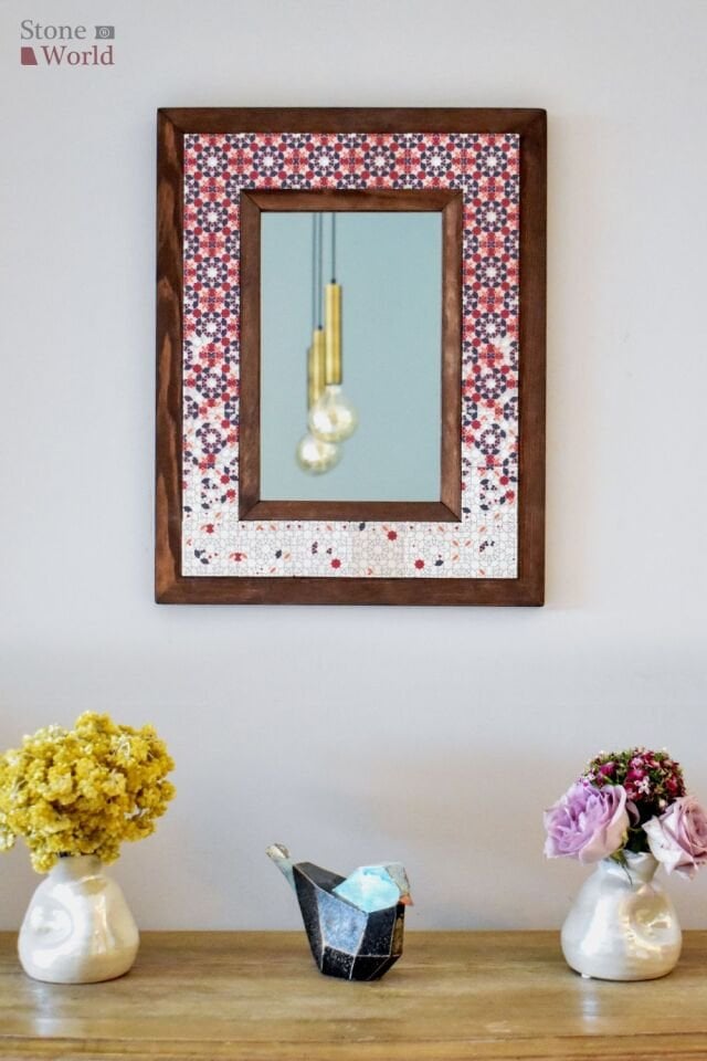 Geometrik Temalı, Masif Ahşap Ve Desenli Mermerden Dekoratif Ayna - 34x44cm - 042.2