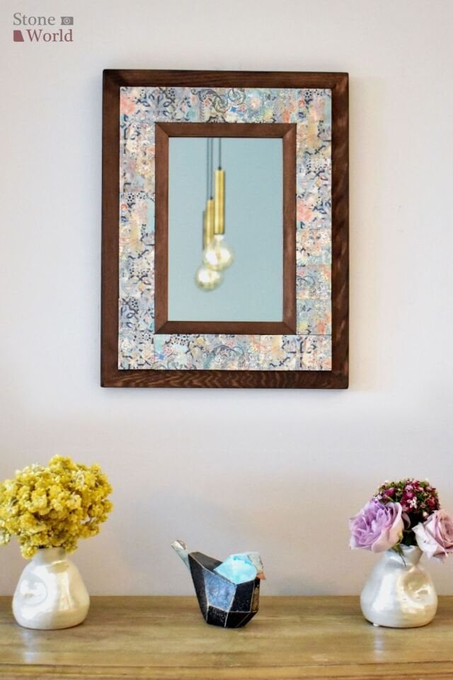 Vintage Temalı, Masif Ahşap Ve Desenli Mermerden Dekoratif Ayna - 34x44cm - 043.1