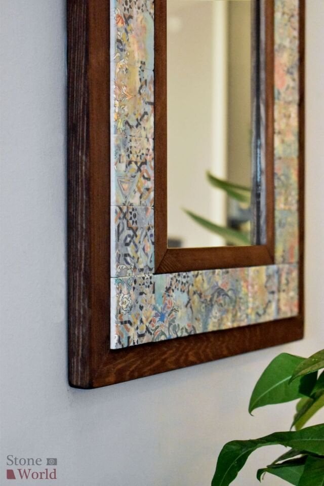 Vintage Temalı, Masif Ahşap Ve Desenli Mermerden Dekoratif Ayna - 34x44cm - 043.1