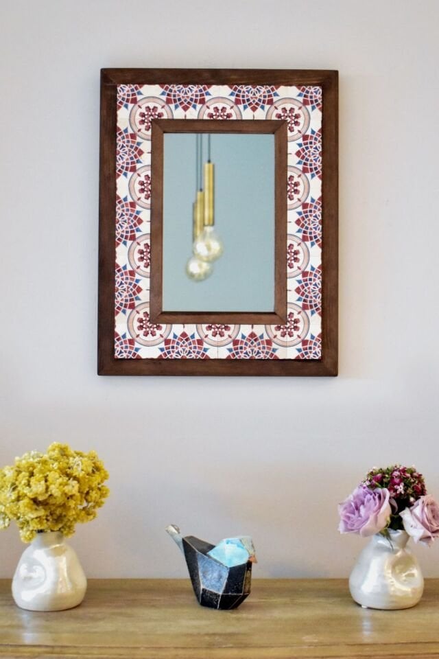 Mandala Temalı, Masif Ahşap Ve Desenli Mermerden Dekoratif Ayna - 34x44cm - 046.1