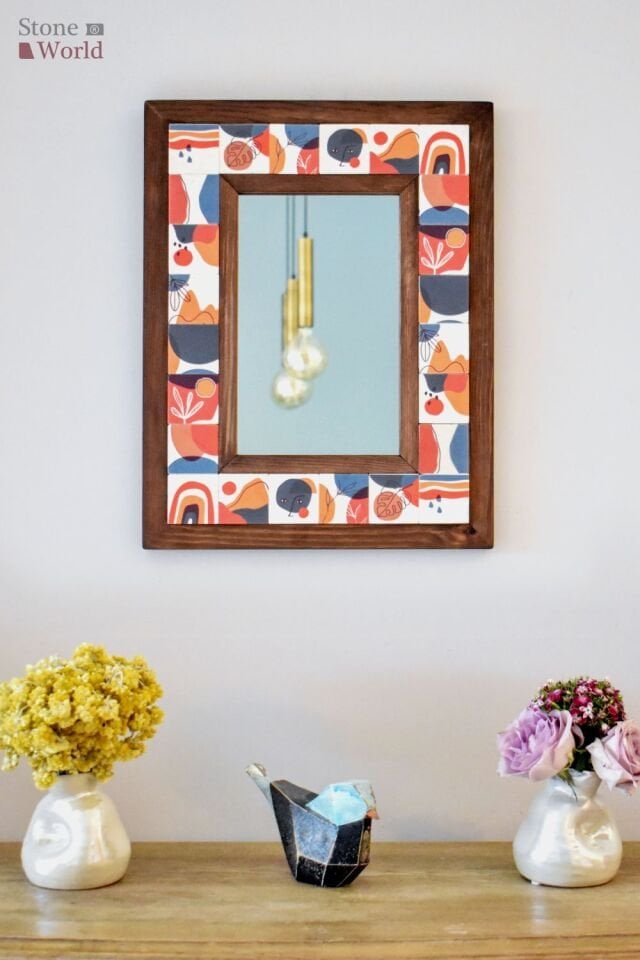 Etniktemalı, Masif Ahşap Ve Desenli Mermerden Dekoratif Ayna - 34x44cm - 047.1