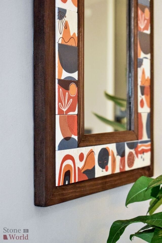 Etniktemalı, Masif Ahşap Ve Desenli Mermerden Dekoratif Ayna - 34x44cm - 047.1
