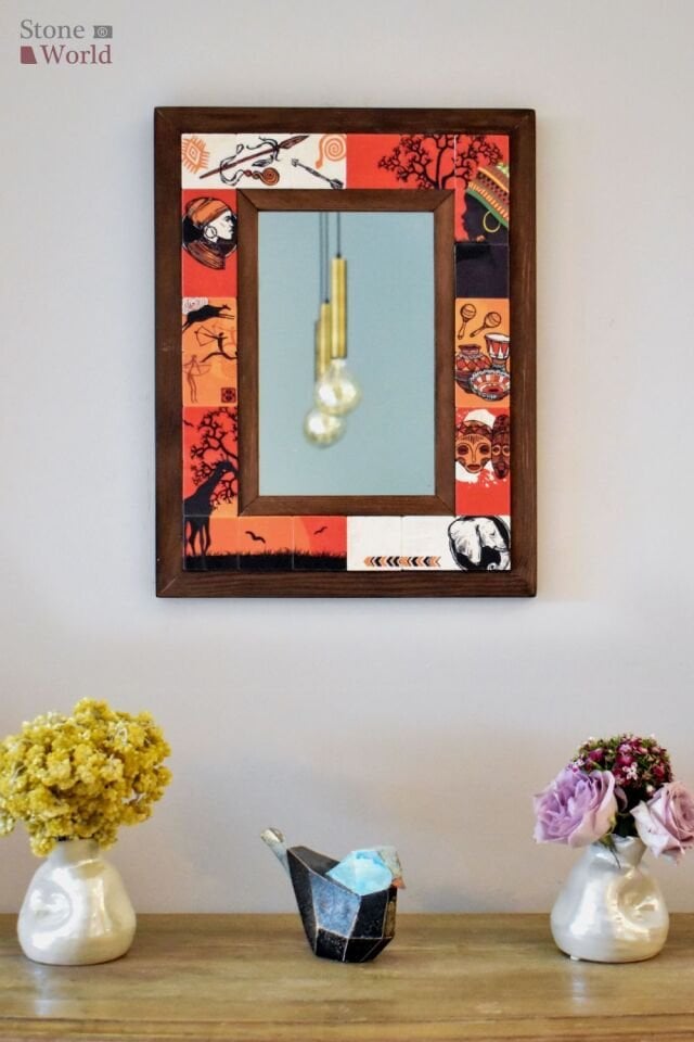 Masif Ahşap Ve Desenli Mermerden Ayna -  34x44cm - 051.1