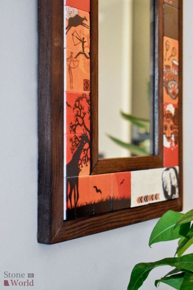 Masif Ahşap Ve Desenli Mermerden Ayna -  34x44cm - 051.1