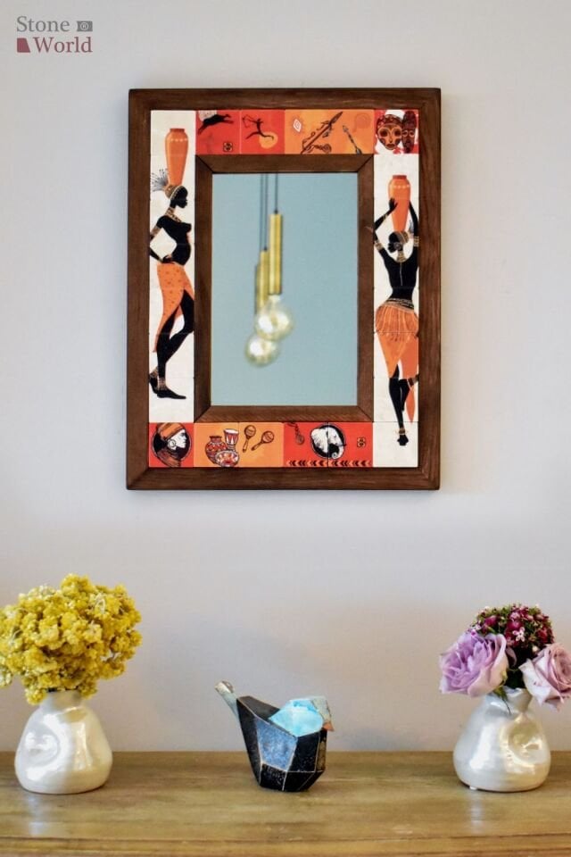Afrika Temalı, Masif Ahşap Ve Desenli Mermerden Dekoratif Ayna - 34x44cm - 051.2