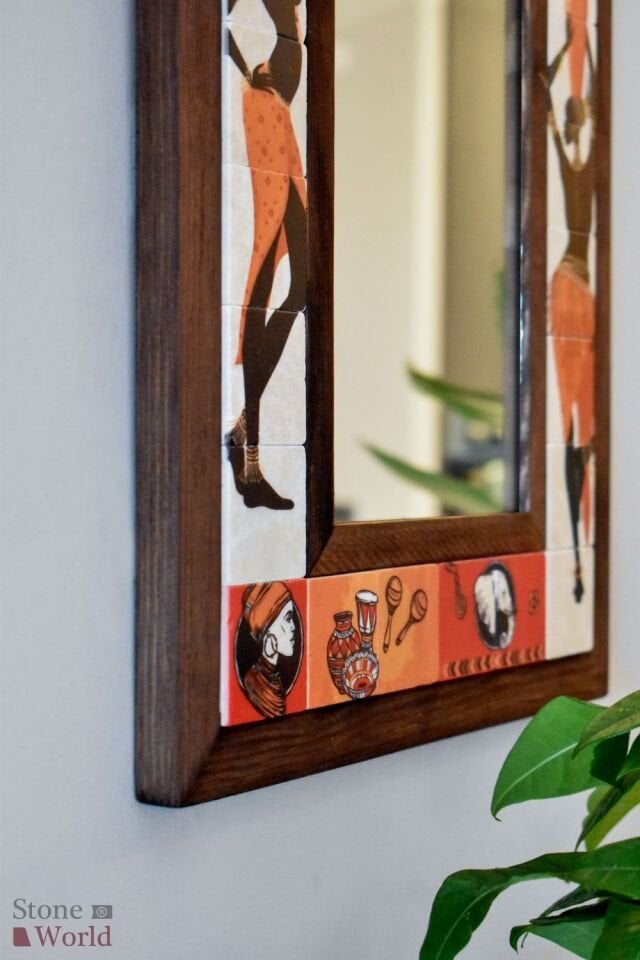 Afrika Temalı, Masif Ahşap Ve Desenli Mermerden Dekoratif Ayna - 34x44cm - 051.2