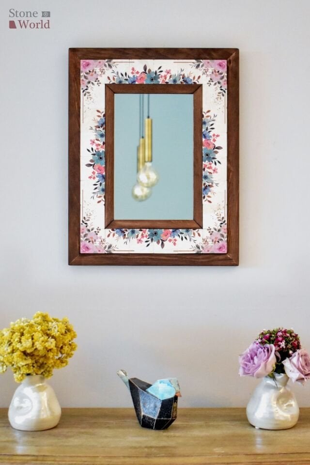 Çiçek Temalı, Masif Ahşap Ve Desenli Mermerden Dekoratif Ayna - 34x44cm - 066.1