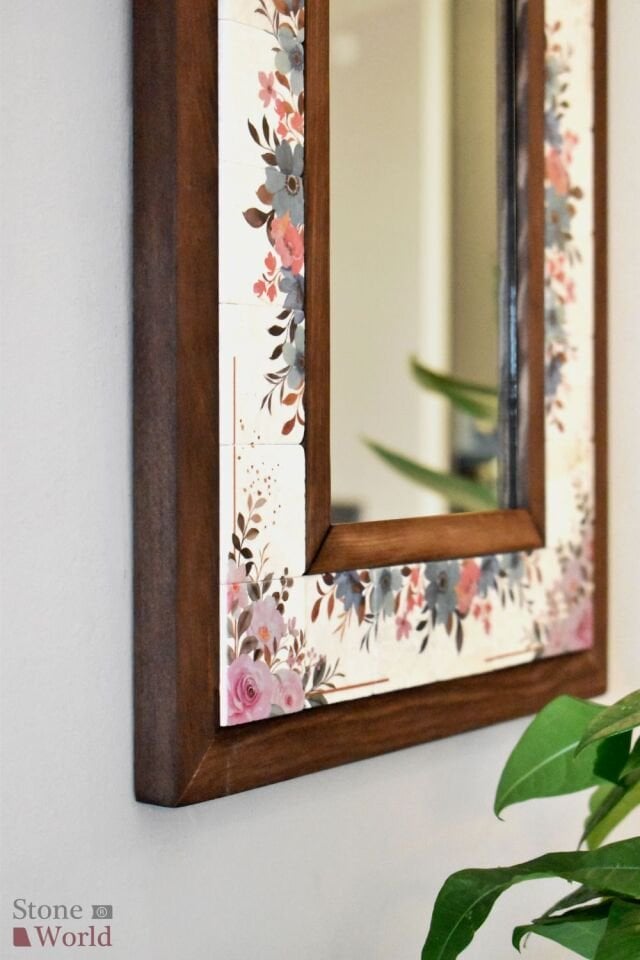 Çiçek Temalı, Masif Ahşap Ve Desenli Mermerden Dekoratif Ayna - 34x44cm - 066.1