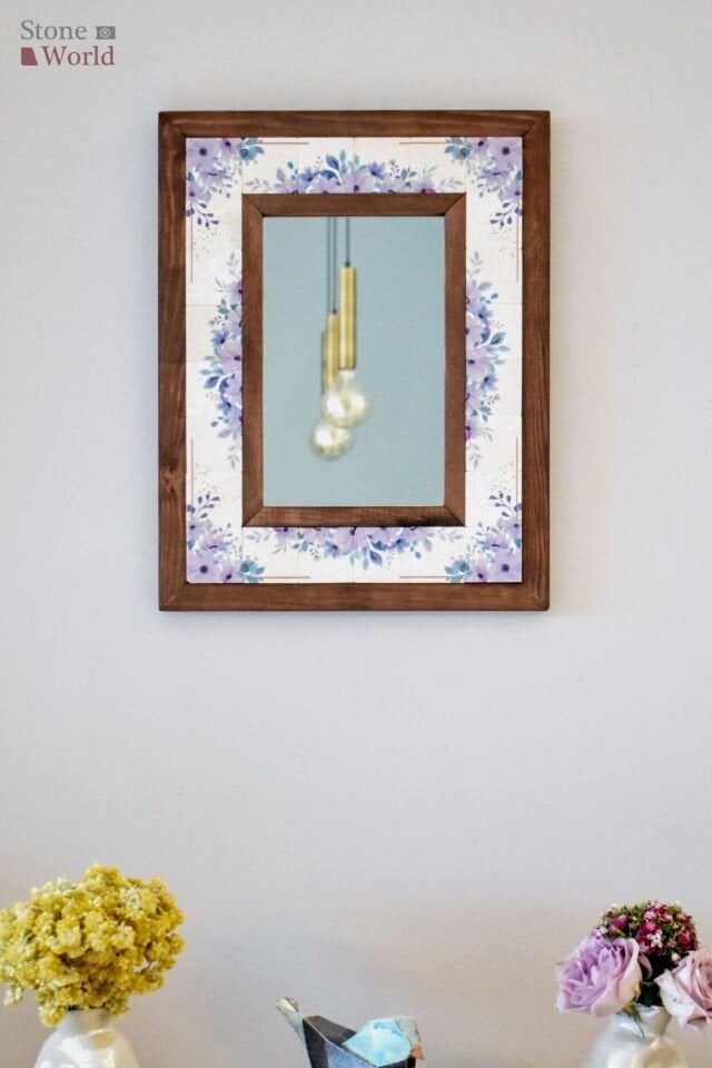 Çiçek Temalı, Masif Ahşap Ve Desenli Mermerden Dekoratif Ayna - 34x44cm - 066.2