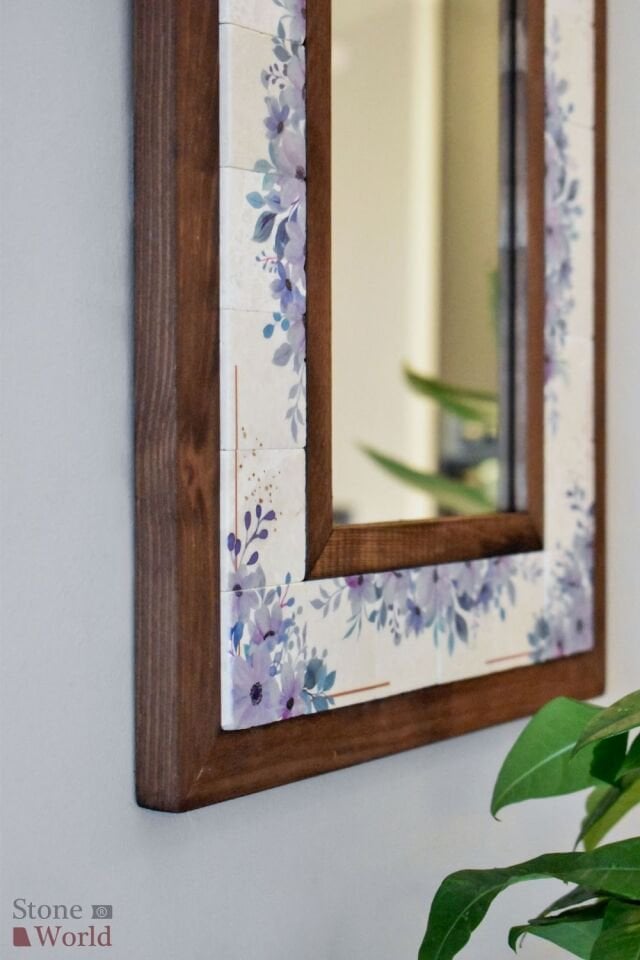 Çiçek Temalı, Masif Ahşap Ve Desenli Mermerden Dekoratif Ayna - 34x44cm - 066.2