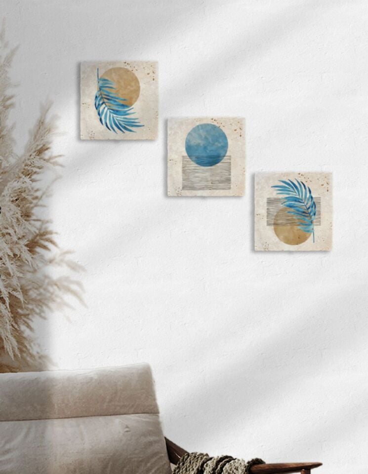 Doğal Taş Duvar Tablo 3'lü Set – Azure – 008